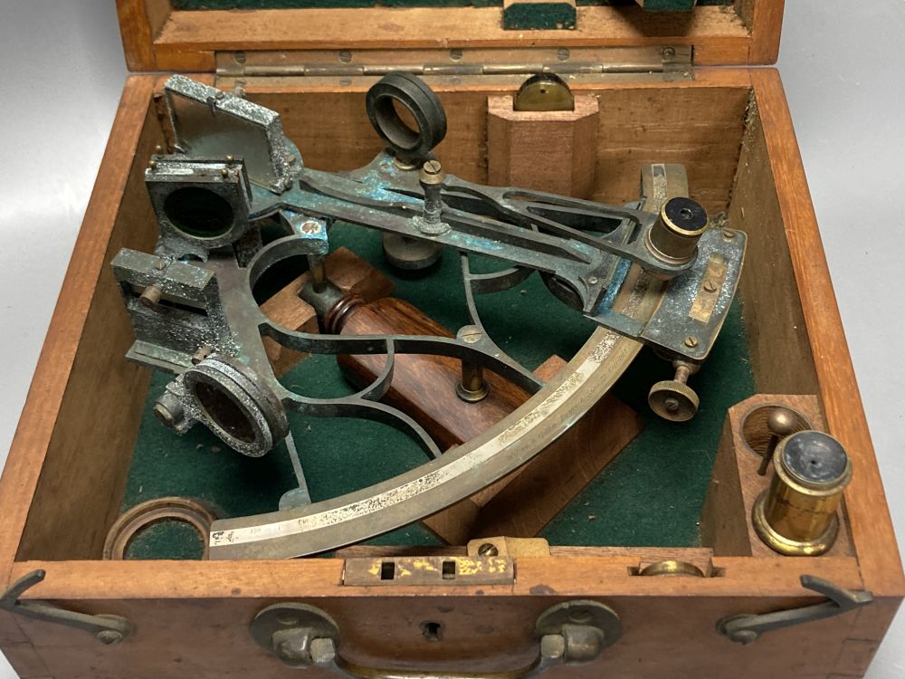 A cased 19th century brass sextant by Wilson, Gillie, Bruce & Sons Ltd, Cardiff (corroded)